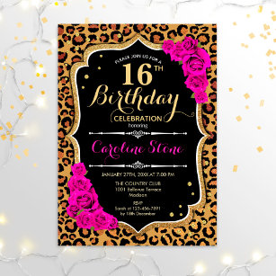 16th Birthday - Pink Roses Leopard Print Invitation