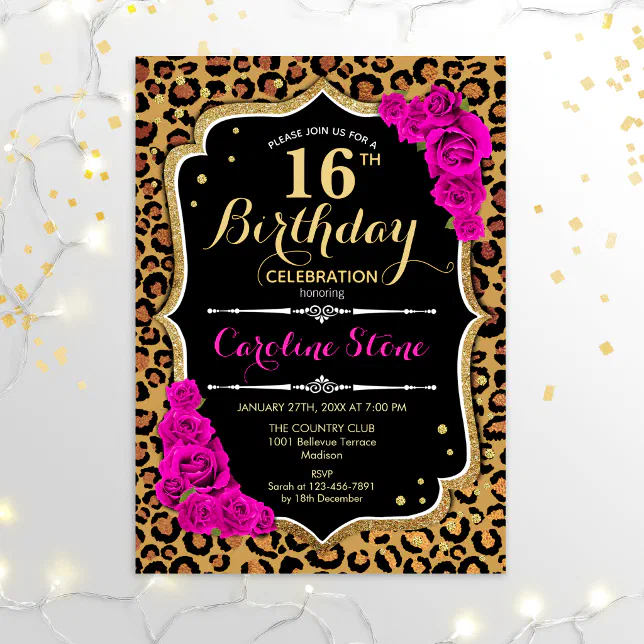 16th Birthday - Pink Roses Leopard Print Invitation | Zazzle