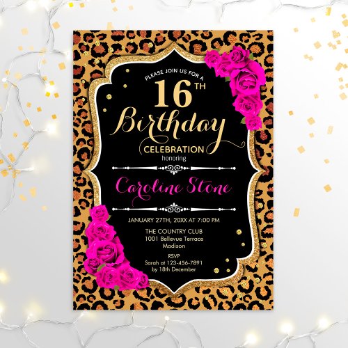 16th Birthday _ Pink Roses Leopard Print Invitation