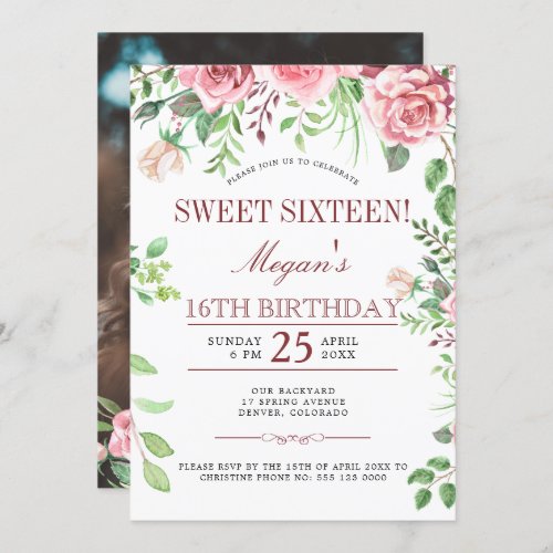 16th Birthday Pink Roses Sweet Sixteen PHOTO Party Invitation