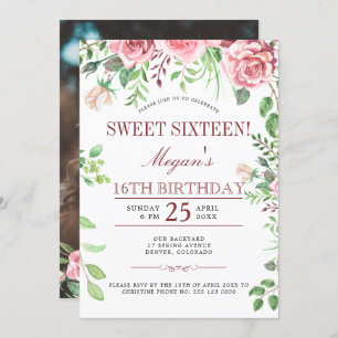 16th Birthday Pink Roses Sweet Sixteen PHOTO Party Invitation