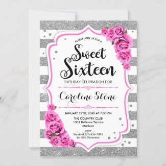 16th Birthday - Pink Silver White Stripes Roses Invitation