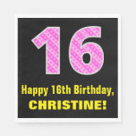 [ Thumbnail: 16th Birthday: Pink Stripes and Hearts "16" + Name Napkins ]