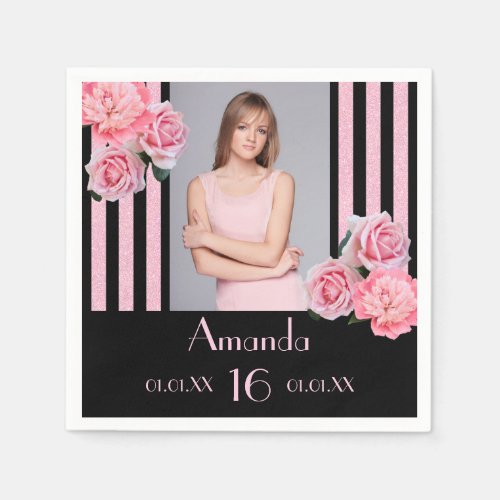 16th birthday pink stripes floral black photo napkins