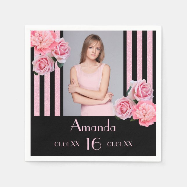 16th birthday pink stripes floral black photo napkins (Front)