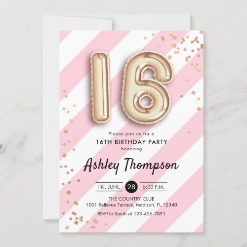 16th Birthday _ Pink Stripes Gold Balloons Invitation