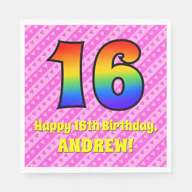 16th Birthday: Pink Stripes & Hearts, Rainbow # 16 Napkins (Front)