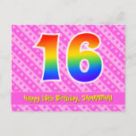 [ Thumbnail: 16th Birthday: Pink Stripes & Hearts, Rainbow 16 Postcard ]