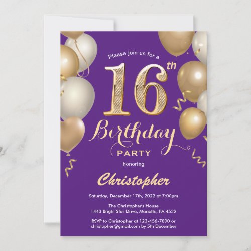 16th Birthday Purple and Gold Balloons Confetti Invitation