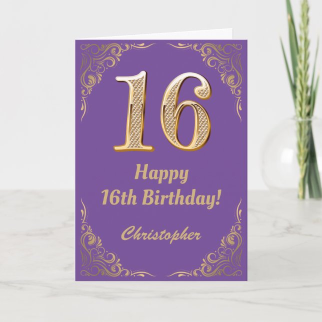 16th Birthday Purple and Gold Glitter Frame Card (Front)
