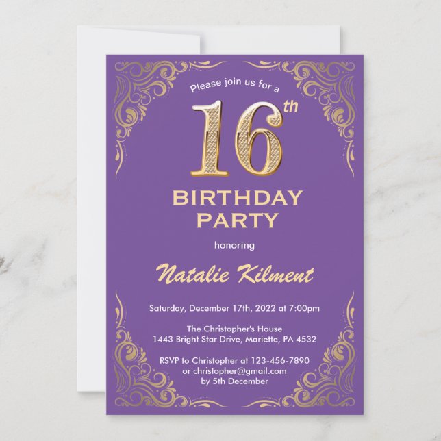 16th Birthday Purple and Gold Glitter Frame Invitation (Front)