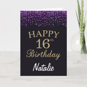 16th Birthday Purple Black and Gold Glitter Card