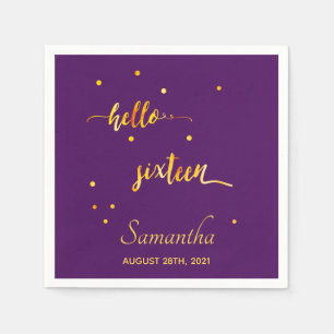 16th birthday purple gold hello 16 typography name napkins