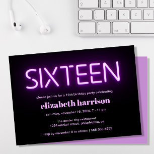 16th Birthday Purple Neon Lights Party Invitation