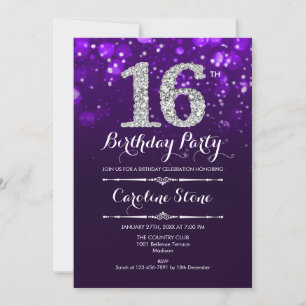 16th Birthday - Purple Silver Invitation