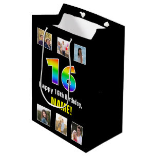 16th Birthday: Rainbow “16“, Custom Photos & Name Medium Gift Bag
