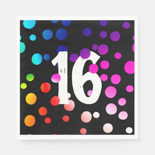 16th Birthday Rainbow Dots on Black  Napkins