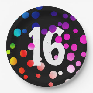 16th Birthday Rainbow Dots on Black Paper Plates