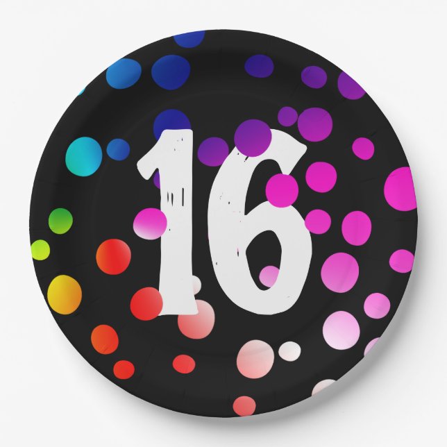 16th Birthday Rainbow Dots on Black Paper Plates (Front)