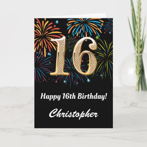 16th Birthday Rainbow Fireworks Black and Gold Card