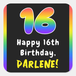 16th Birthday: Rainbow Spectrum # 16, Custom Name Square Sticker