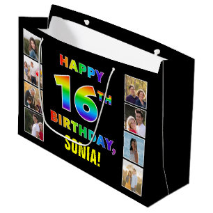 16th Birthday: Rainbow Text, Custom Photos & Name Large Gift Bag