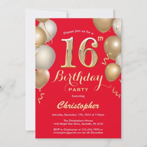 16th Birthday Red and Gold Balloons Confetti Invitation