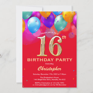 16th Birthday Red and Gold Colorful Balloons Invitation