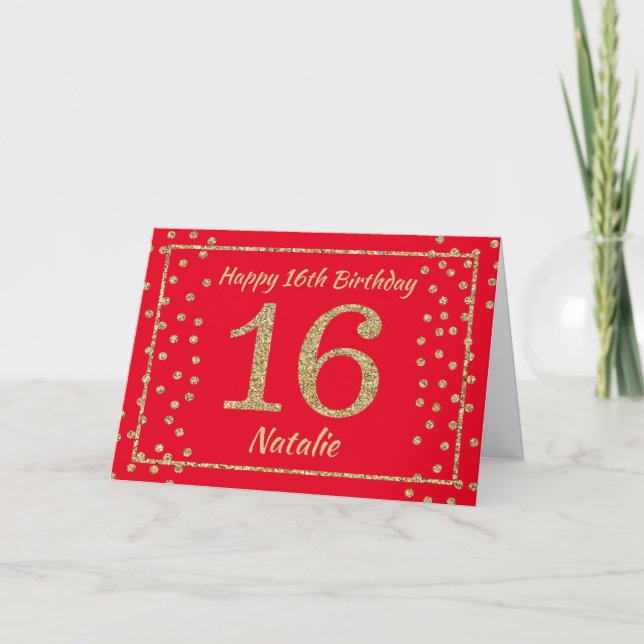 16th Birthday Red and Gold Glitter Confetti Card (Front)