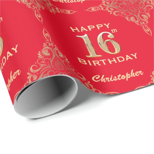 16th Birthday Red and Gold Glitter Frame Wrapping Paper