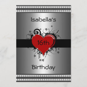 16th Birthday Red Black Floral Heart Silver Invitation