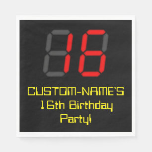 16th Birthday: Red Digital Clock Style "16" + Name Napkins