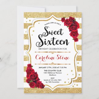 16th Birthday - Red Gold White Stripes Roses Invitation