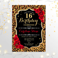 16th Birthday - Red Roses Leopard Print