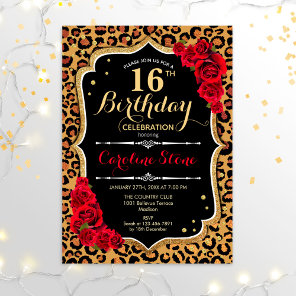 16th Birthday - Red Roses Leopard Print Invitation
