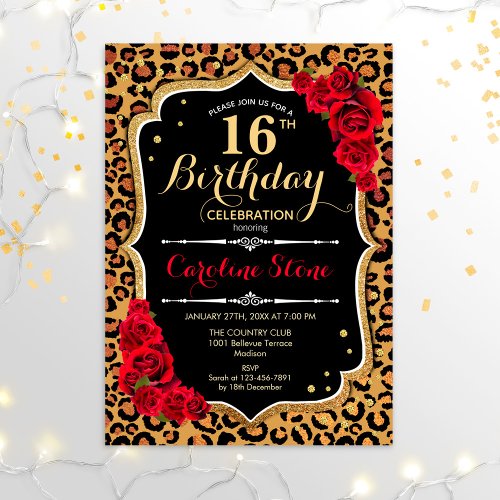 16th Birthday _ Red Roses Leopard Print Invitation