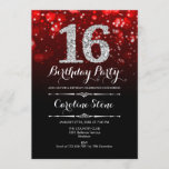 16th Birthday - Red Silver Invitation<br><div class="desc">16th Birthday Invitation.
Elegant red black white design with faux glitter silver. Adult birthday. Features diamonds and script font. men or women bday invite.  Perfect for a stylish birthday party. Message me if you need further customization.</div>