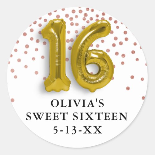 16th Birthday Rose Confetti  Gold Number Balloon Classic Round Sticker