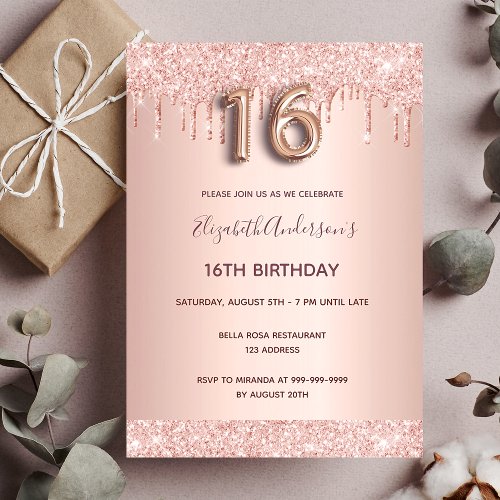 16th birthday rose gold glitter drips pink glam invitation