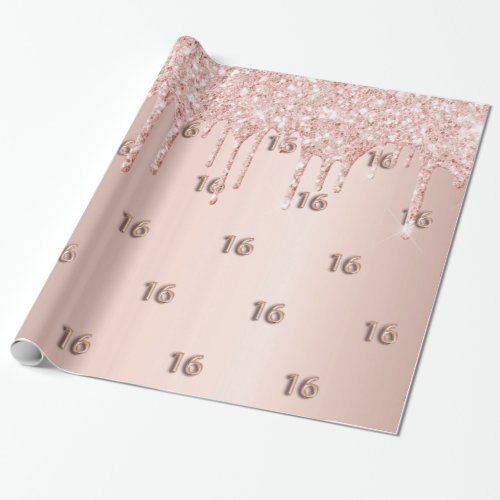 16th Birthday rose gold glitter drips pink Wrapping Paper