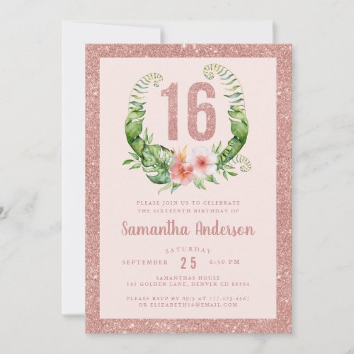 16th birthday rose gold glitter floral  invitation