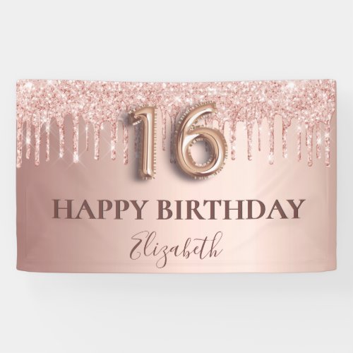 16th birthday rose gold glitter pink balloon style banner