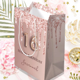 16th birthday rose gold glitter pink balloon style medium gift bag