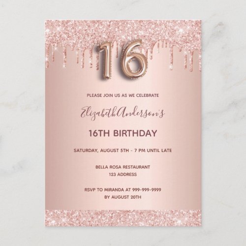 16th birthday rose gold glitter pink invitation postcard