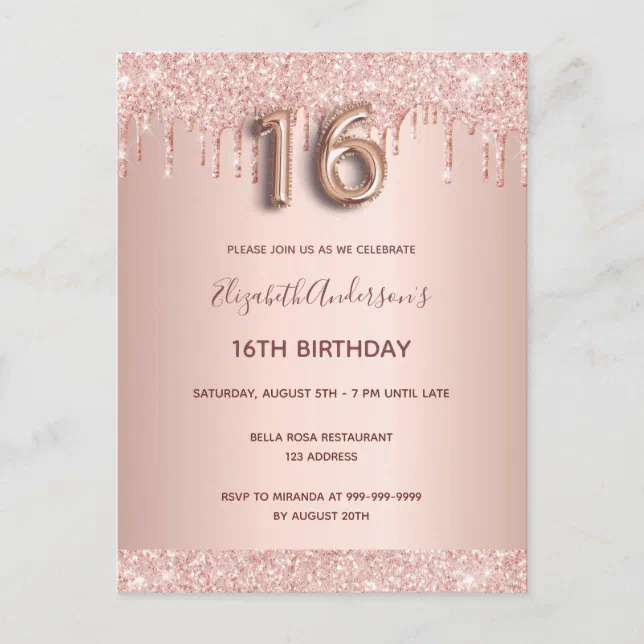 16th Birthday Rose Gold Glitter Pink Invitation Postcard | Zazzle