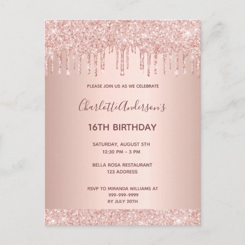 16th birthday rose gold glitter pink invitation postcard