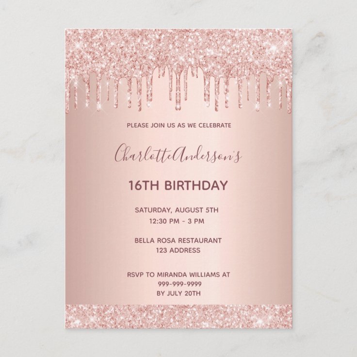 16th birthday rose gold glitter pink invitation postcard | Zazzle