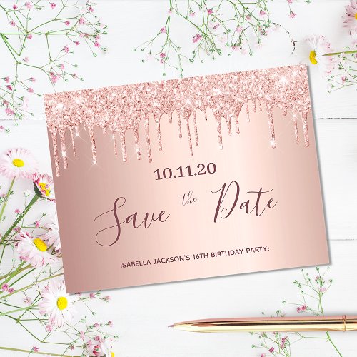 16th birthday rose gold glitter save the date postcard
