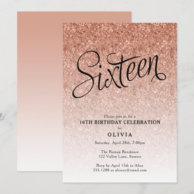 16th Birthday Rose Gold Ombre Glitter Invitation (Front/Back)