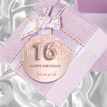 16th birthday rose gold pink classic round sticker<br><div class="desc">Elegant, classic, glamorous and girly for a Sweet 16, 16th birthday party. Rose gold and blush pink, gradient background. Decorated with rose gold, pink drips, paint dripping look. Personalize and add a name. With the text: Happy Birthday. The name is written with a modern dark rose colored hand lettered style...</div>